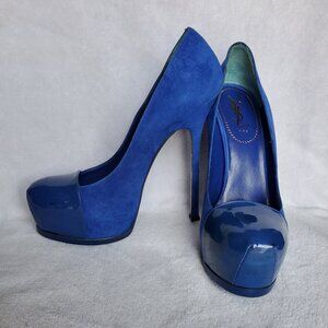 YSL Tribtoo Royal Blue Patent/Leather Toe Suede Platform Pumps